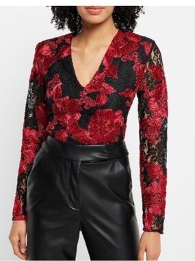 EXPRESS Red Black Floral Lace Bodysuit Sheer Long Sleeve NWT Medium